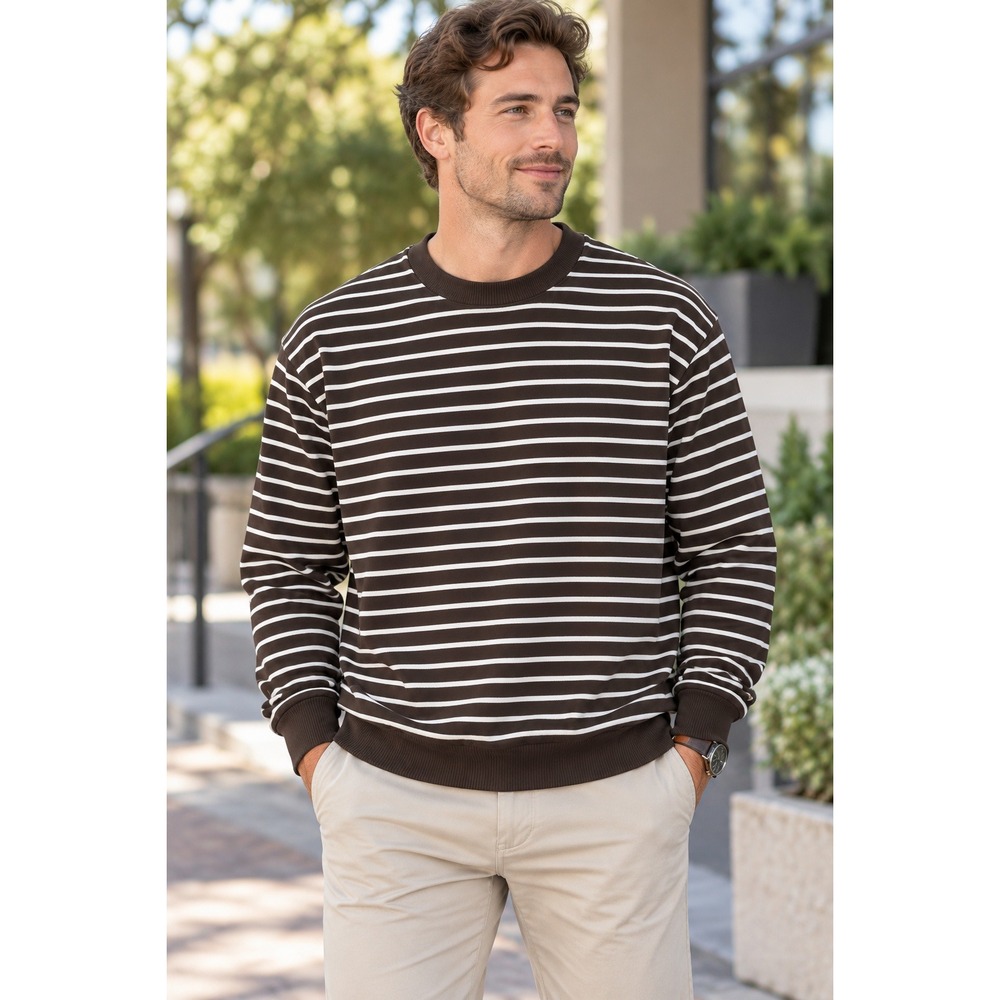 Madewell Mens Brown White Striped Cotton Crewneck Sweater Large NWT